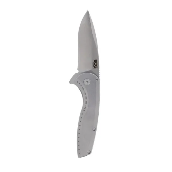 SOG Knives Aegis FLK 2.0 folding knife, left-side view with silver blade and handle