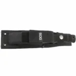 SOG SEAL Pup Elite black knife secured in a black nylon sheath, side view