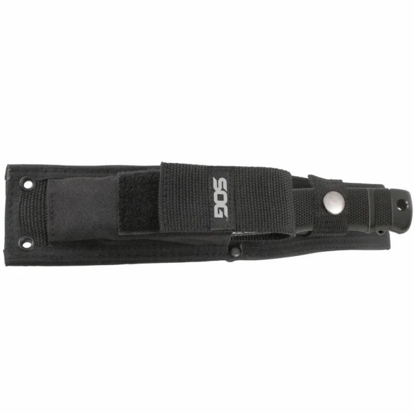 SOG SEAL Pup Elite black knife secured in a black nylon sheath, side view