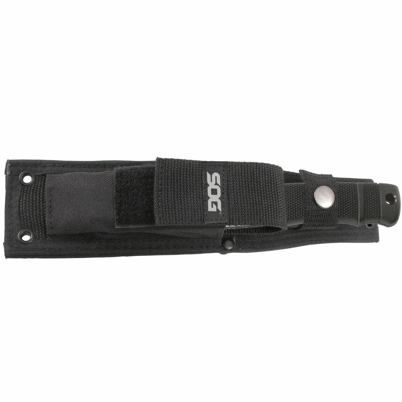 sog-seal-pup-elite-knife-black-primary SOG SEAL Pup Elite black knife secured in a black nylon sheath, side view