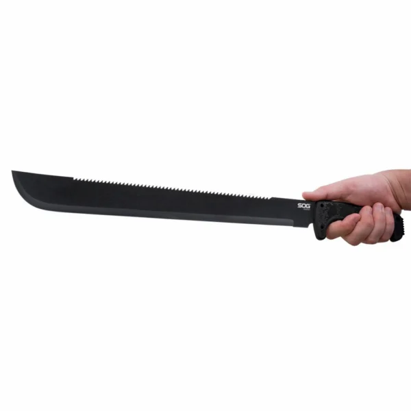 SOG SOGfari Machete, black left-side view with sawback blade and black handle held in hand