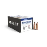 Nosler Solid Base Rifle Bullets, black and white box with two copper-coloured bullets beside it