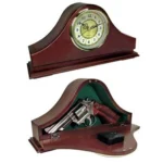 PS Products Concealment Mantle Clock, dark wood clock shown closed and open with handgun compartment
