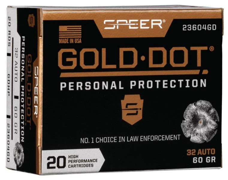 speer-gold-dot-32-acp-ammunition-primary Speer Gold Dot Handgun Ammunition, black and gold box shown from the front