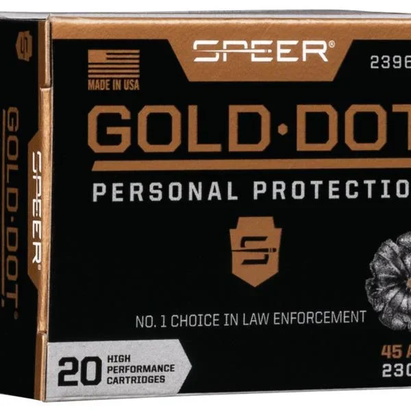 Speer Gold Dot Handgun Ammunition, black and bronze box viewed from the front