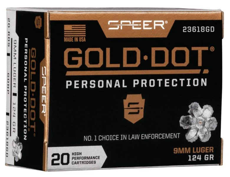 speer-gold-dot-9mm-luger-124-gr-hp-ammunition-primary Speer Ammunition SPR GOLD DOT, black and gold ammunition box, front view