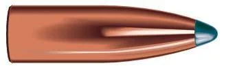 Speer Hot-Cor rifle bullets, copper-colored pointed bullet with green tip, side view