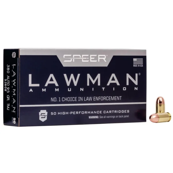 CCI Speer Lawman .380 Auto ammunition, dark blue box with two cartridges