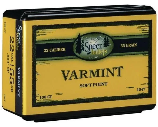 Speer Varmint Soft Point Rifle Bullets, yellow and black box front view