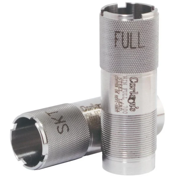 Carlson's Sporting Clay Skeet Choke Tube, two silver knurled tubes in angled views