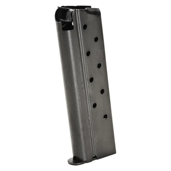 Springfield 1911 Blued Magazine, dark blued magazine in angled front view with witness holes