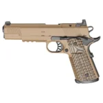 Springfield 1911 TRP coyote tan side view with patterned grips, rail and iron sights