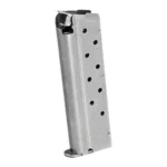 Springfield 1911 Stainless Steel Magazine, angled side view with witness holes and base plate