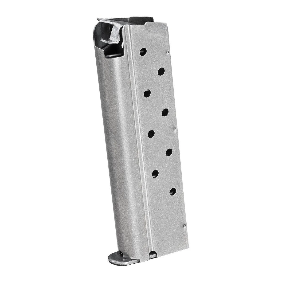 springfield-1911-stainlesssteel-40-sw-magazine-primary Springfield 1911 Stainless Steel Magazine, angled side view with witness holes and base plate