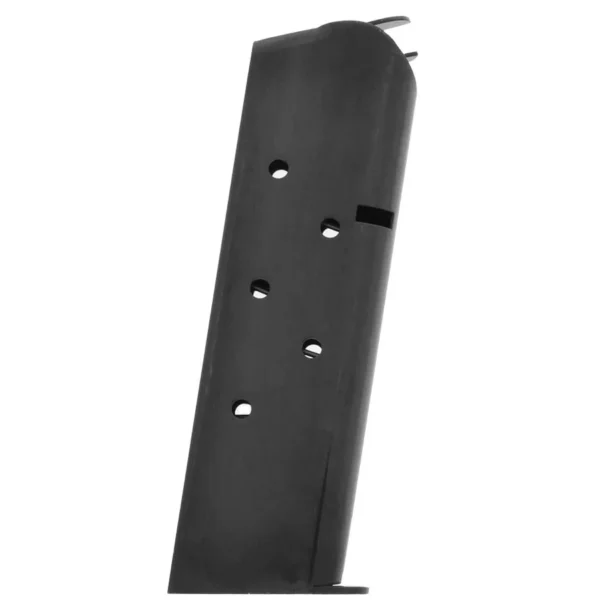 Springfield Armory 1911 handgun magazine, black angled side view with witness holes