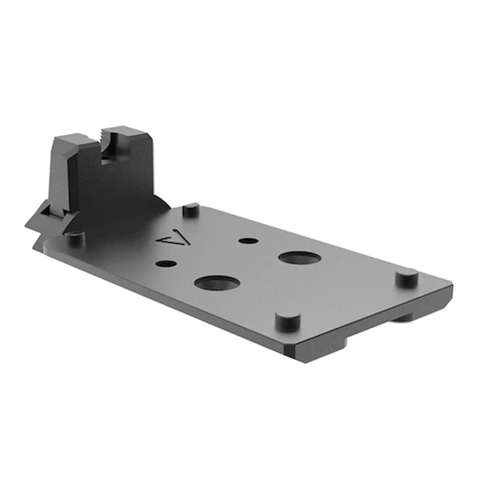 springfield-armory-agency-optic-mount-1911-ds-primary Springfield Armory Agency Optic System Mounting Plate, black angled top view with rear sight