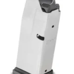 Springfield Hellcat magazine, angled side view in silver and black with witness holes and baseplate