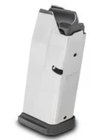 Springfield Hellcat magazine, angled side view in silver and black with witness holes and baseplate
