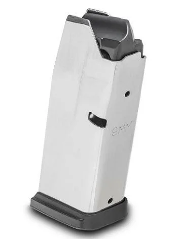 Springfield Hellcat magazine, angled side view in silver and black with witness holes and baseplate