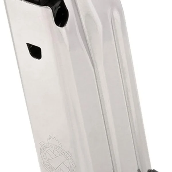 Springfield Armory XD Compact Magazine, stainless body with black follower and base plate, angled view