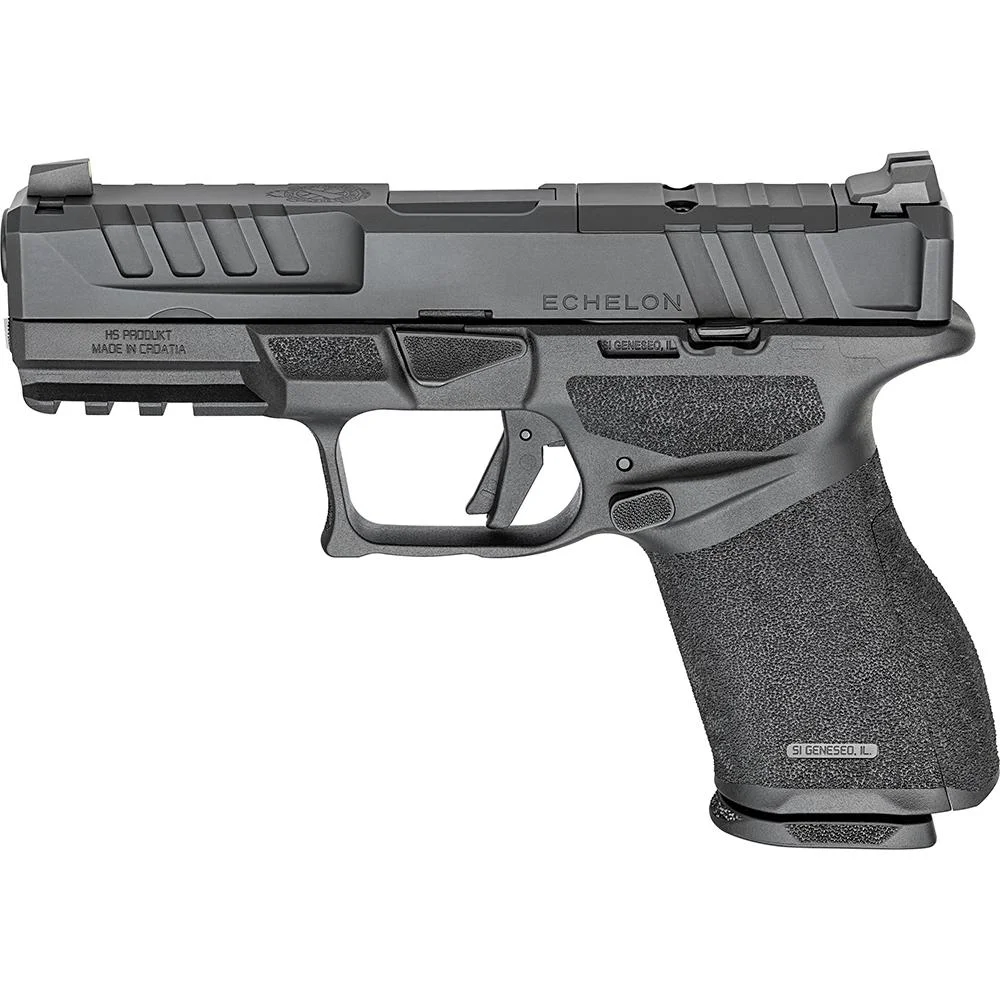 springfield-echelon-9mm-handgun-primary-3 Springfield ECHELON 4.0C black pistol, left-side view with textured grip and slide serrations