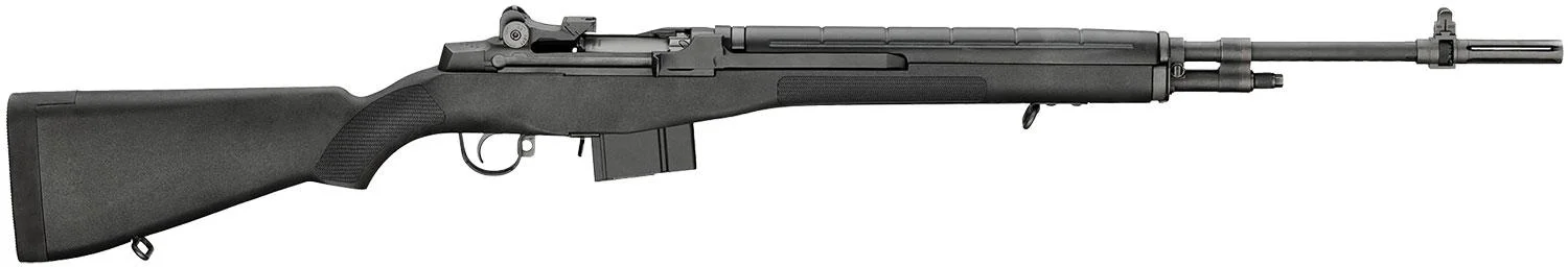 springfield-m1a-308-black-primary-1 Springfield M1A rifle, right-side view with black synthetic stock, iron sights and box magazine