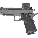 Springfield SPGFLD PRODIGY black pistol, side view with mounted optic, textured grip and magazine
