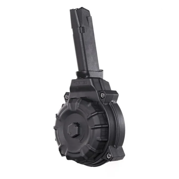 ProMag Springfield XD-9 drum magazine, black polymer in angled side view