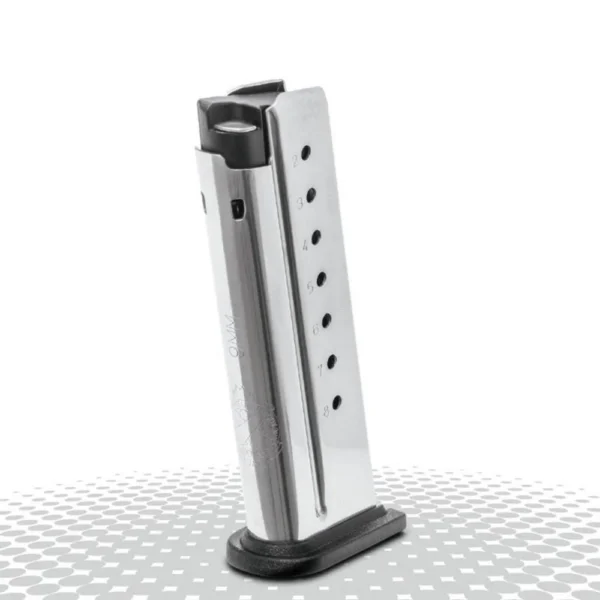 Springfield Armory Springfield XD-E magazine, silver angled view with black flush-fit base plate