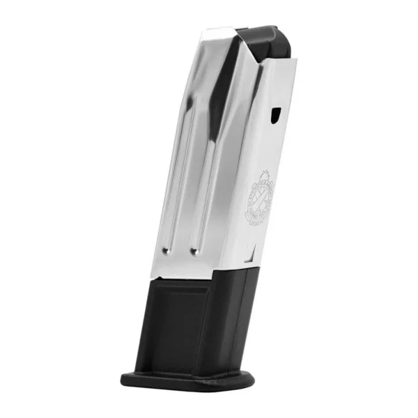 Springfield XD-M Handgun Magazine, silver and black angled side view with witness hole