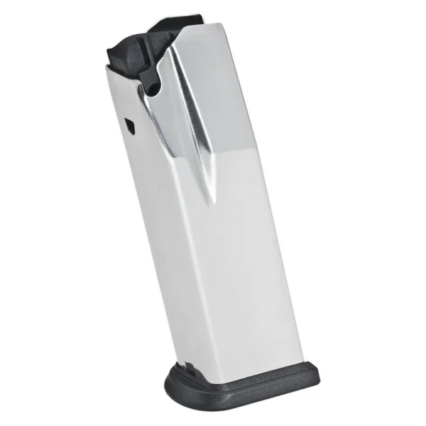 Springfield MAGAZINE SPRGFLD 9MM XD 10RD silver magazine, angled view with black baseplate