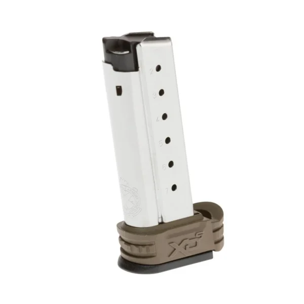 Springfield XD-S Extended Magazine, silver right side with FDE base plate and witness holes
