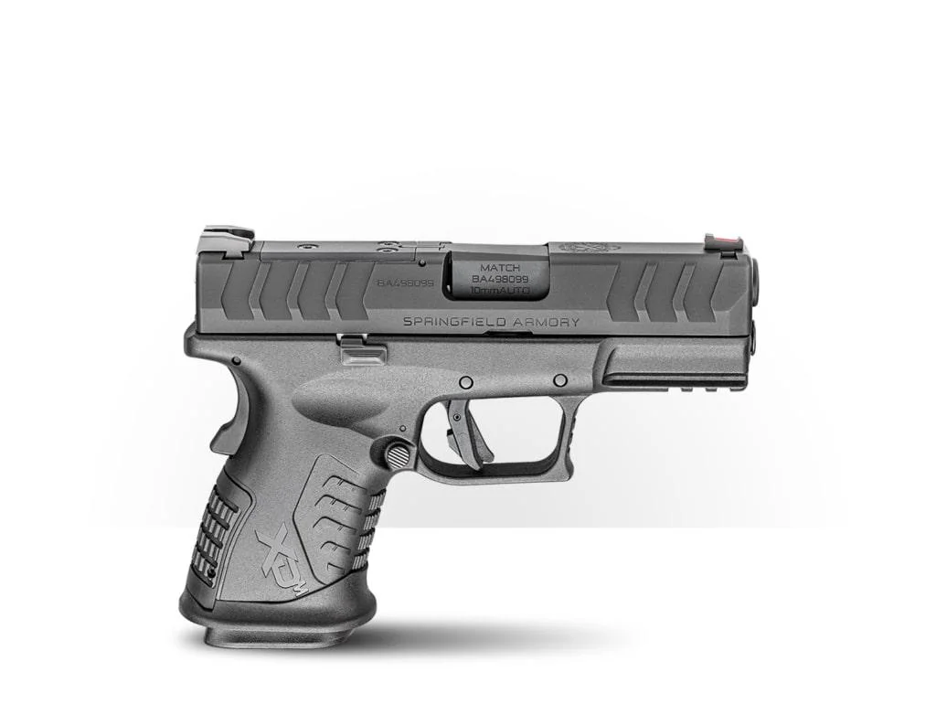 springfield-xdm-elite-10mm-primary-1 Springfield XDM Elite compact black pistol, left-side view with textured grip and slide serrations