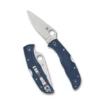 SPYDERCO ENDELA LTWT blue folding knife shown open and closed with silver blade and pocket clip