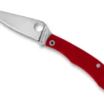 Spyderco Honeybee G-10 knife, open with silver blade, red handle and round thumb hole