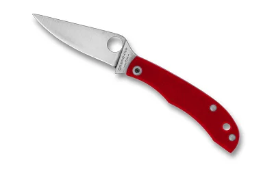 Spyderco Honeybee G-10 knife, open with silver blade, red handle and round thumb hole