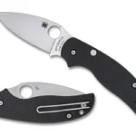 SPYDERCO SAGE 6 black folding knife shown open and closed with silver blade and pocket clip