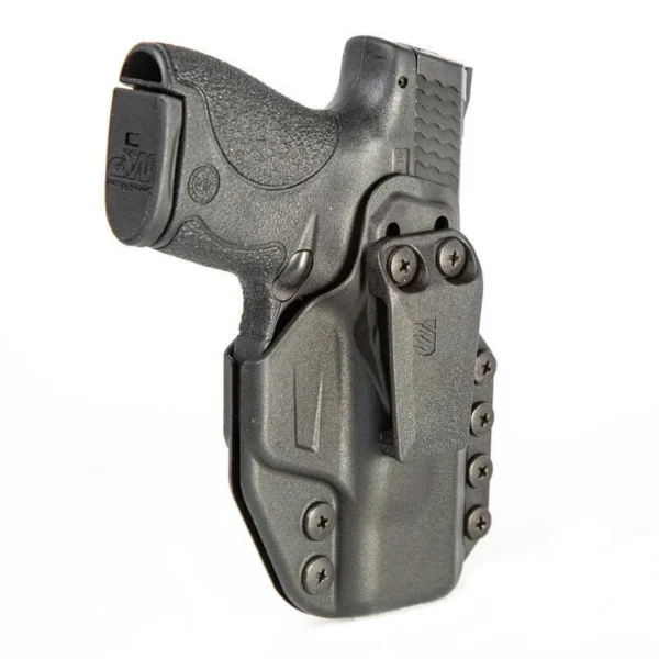 Blackhawk Stache IWB Base Holster Kit, black right-side view holding a pistol with mounting screws