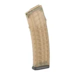 MAG STEYR AUG translucent amber curved magazine in angled side view with dark baseplate