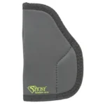 Sticky Holsters Short Sticky Pocket Holster, grey front view with black edging and green logo