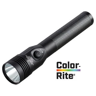 Streamlight Stinger Color Light Flashlight, black flashlight in angled front view with lens visible