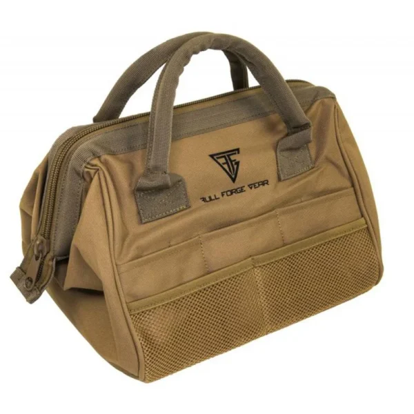 Full Forge Range Tool Bag, tan front view with dual handles, zippered top and mesh pocket