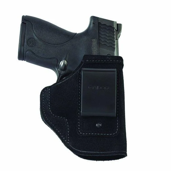 Galco Stow-N-Go IWB Holster, black right-hand holster with belt clip and handgun inserted