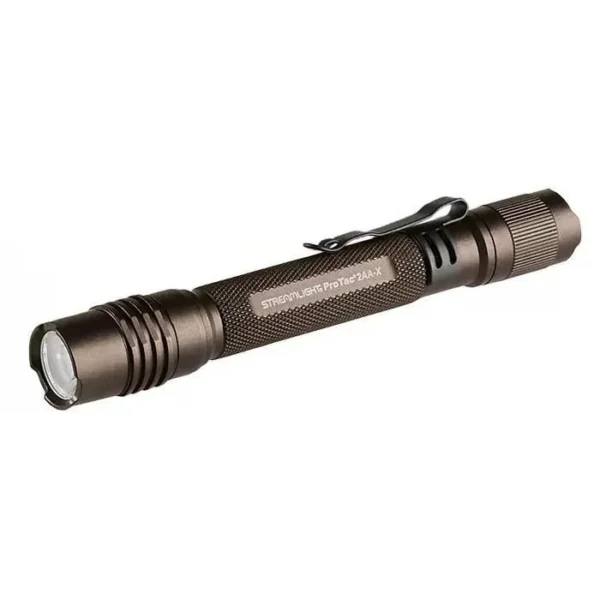 Streamlight Protac 2AA-X USB Flashlight, coyote brown angled side view with pocket clip
