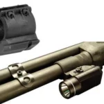 Streamlight Shotgun Magazine Tube Mount, black ring mount shown alone and mounted beside a flashlight