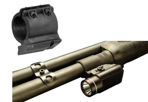 streamlight-shotgun-magazine-tube-mount-primary Streamlight Shotgun Magazine Tube Mount, black ring mount shown alone and mounted beside a flashlight