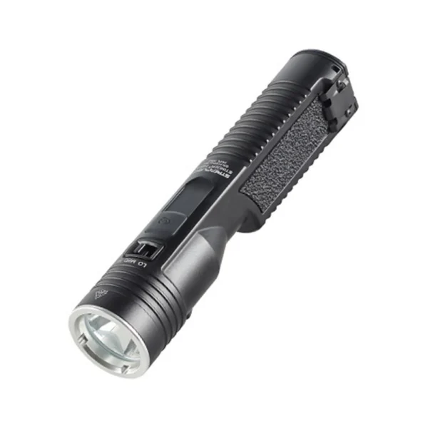 Streamlight Stinger 2020 S Flashlight in black, angled view showing lens and pocket clip