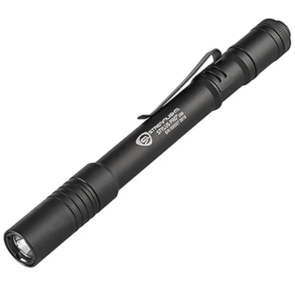 Streamlight Stylus Pro USB pen light, black angled view with pocket clip and white LED