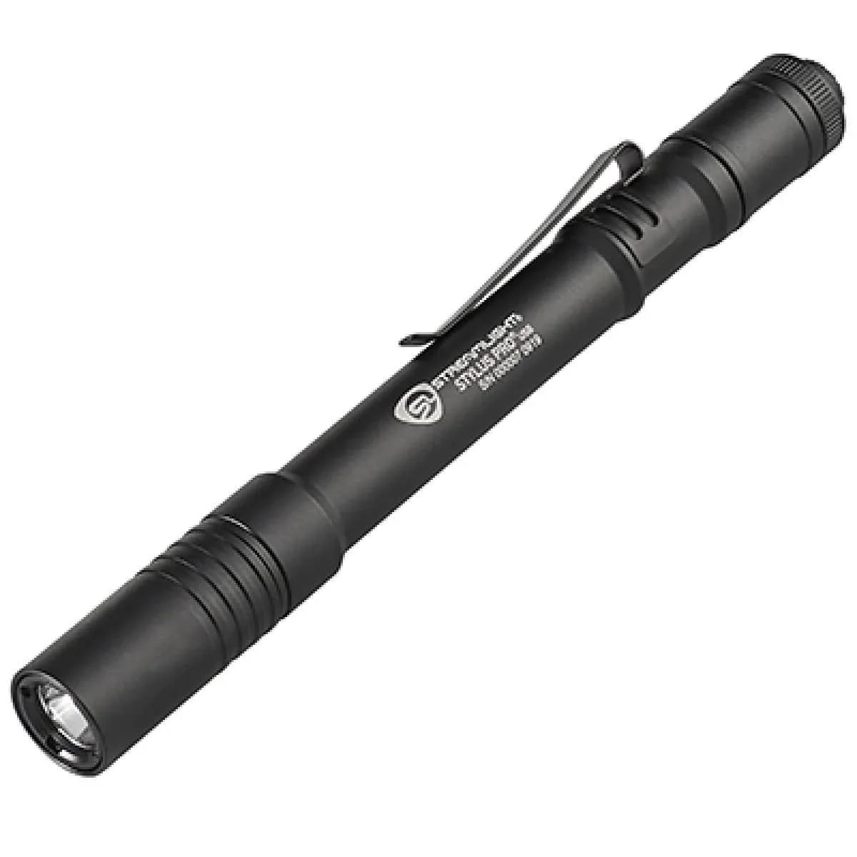streamlight-stylus-pro-usb-rechargeable-pen-light-primary Streamlight Stylus Pro USB pen light, black angled view with pocket clip and white LED