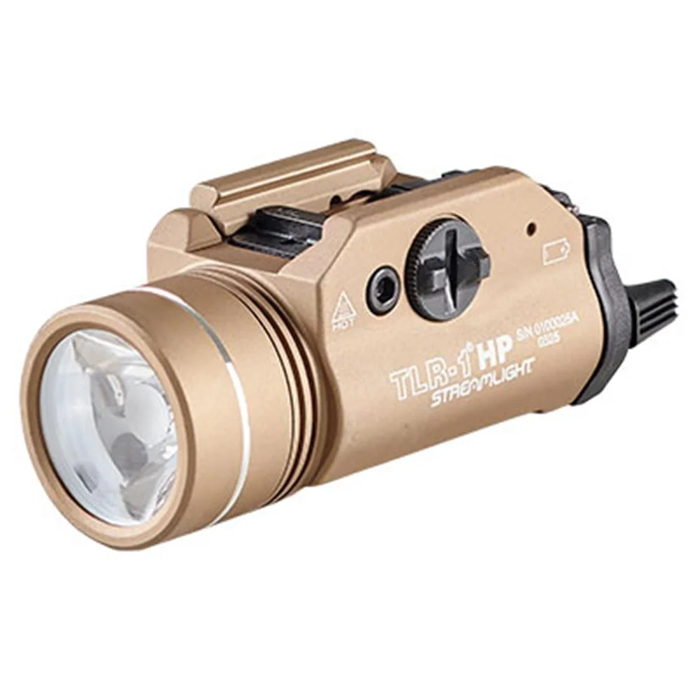 streamlight-tlr-1-hp-1000-lumen-handgun-light-primary Streamlight TLR-1 HP tan weapon light, front-left view with round lens, rail mount and rear switch